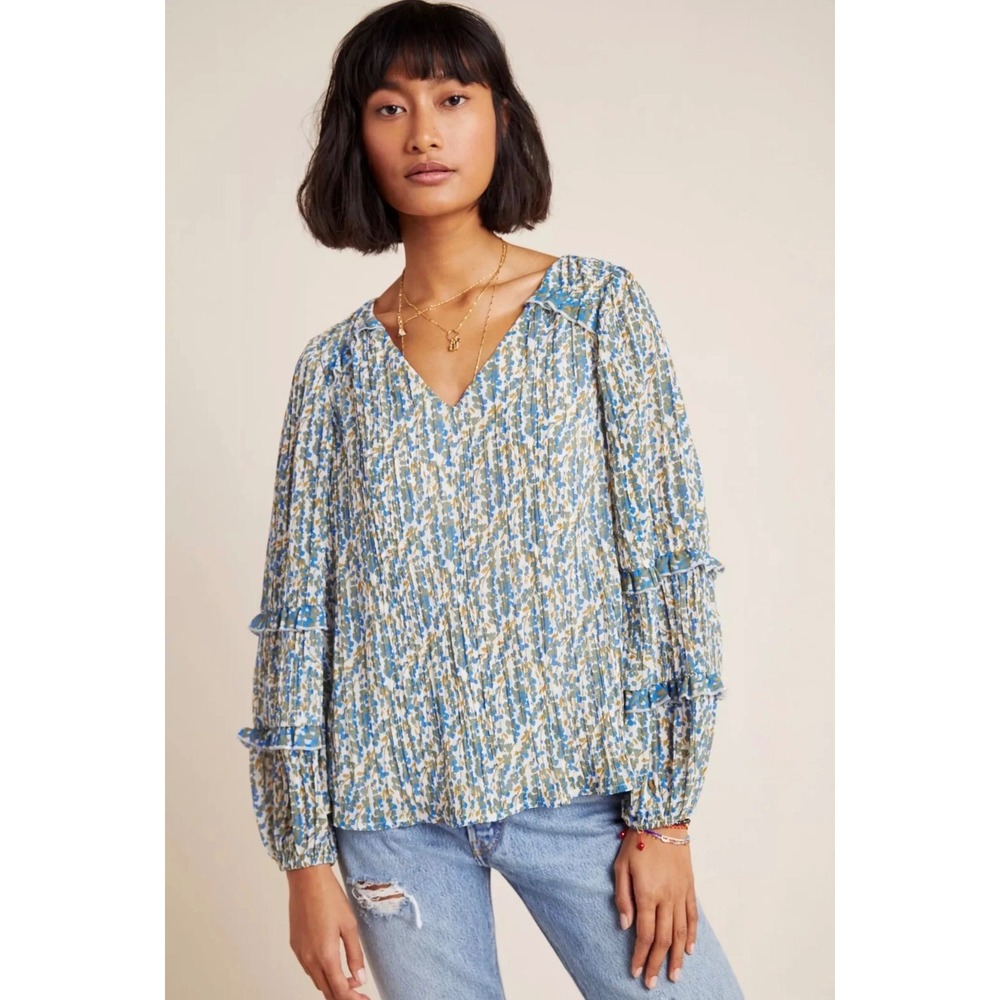 Anthropologie Maeve Avery Pleated Peasant Blouse Blue Green Floral V-Neck Top